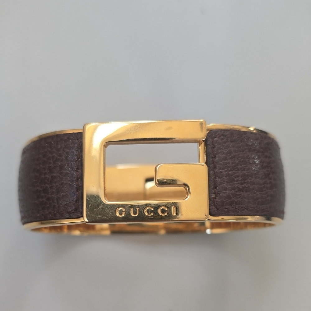 Gucci Gold and Dark Brown Leather hinge Bracelet